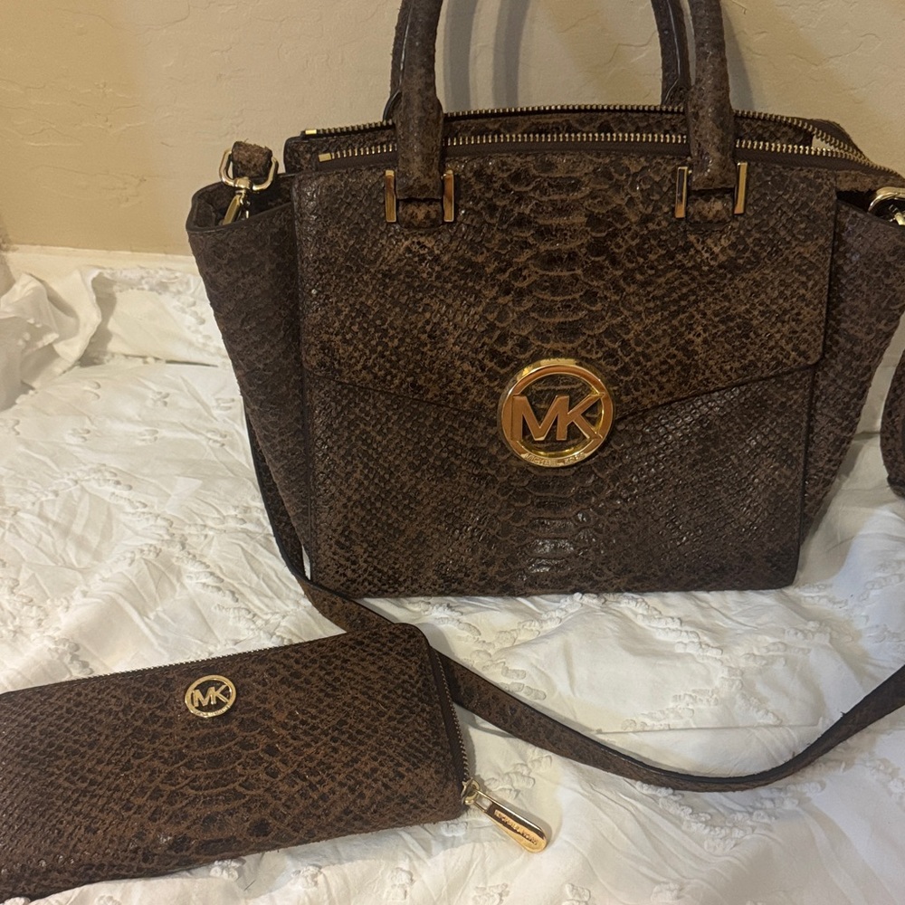 Michael Kors Snake Print Satchel and Wallet Set - Brown